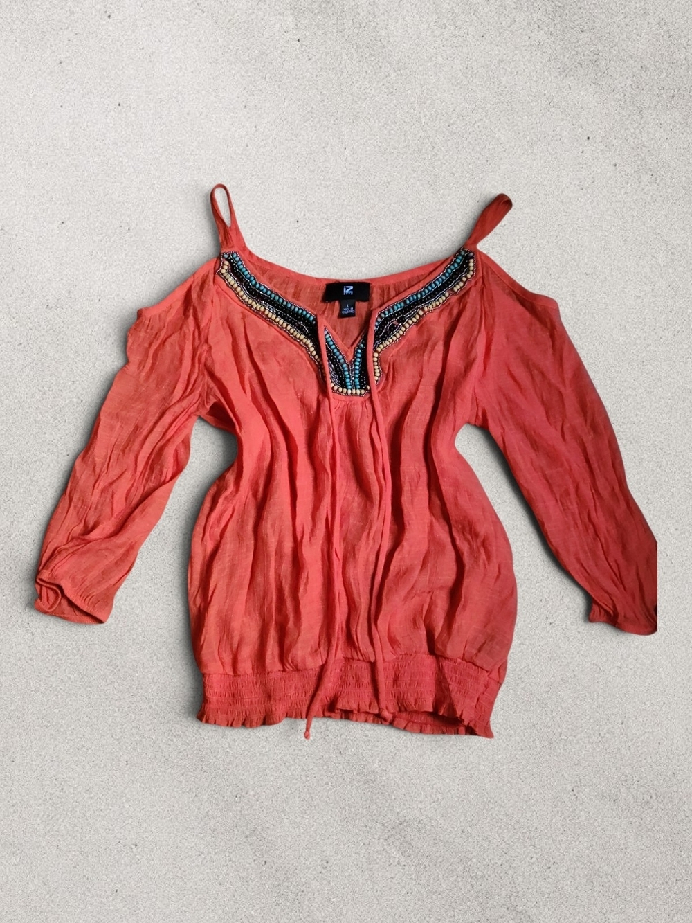 Orange Cold-Shoulder Top With Smocked Hem And Beaded Neckline